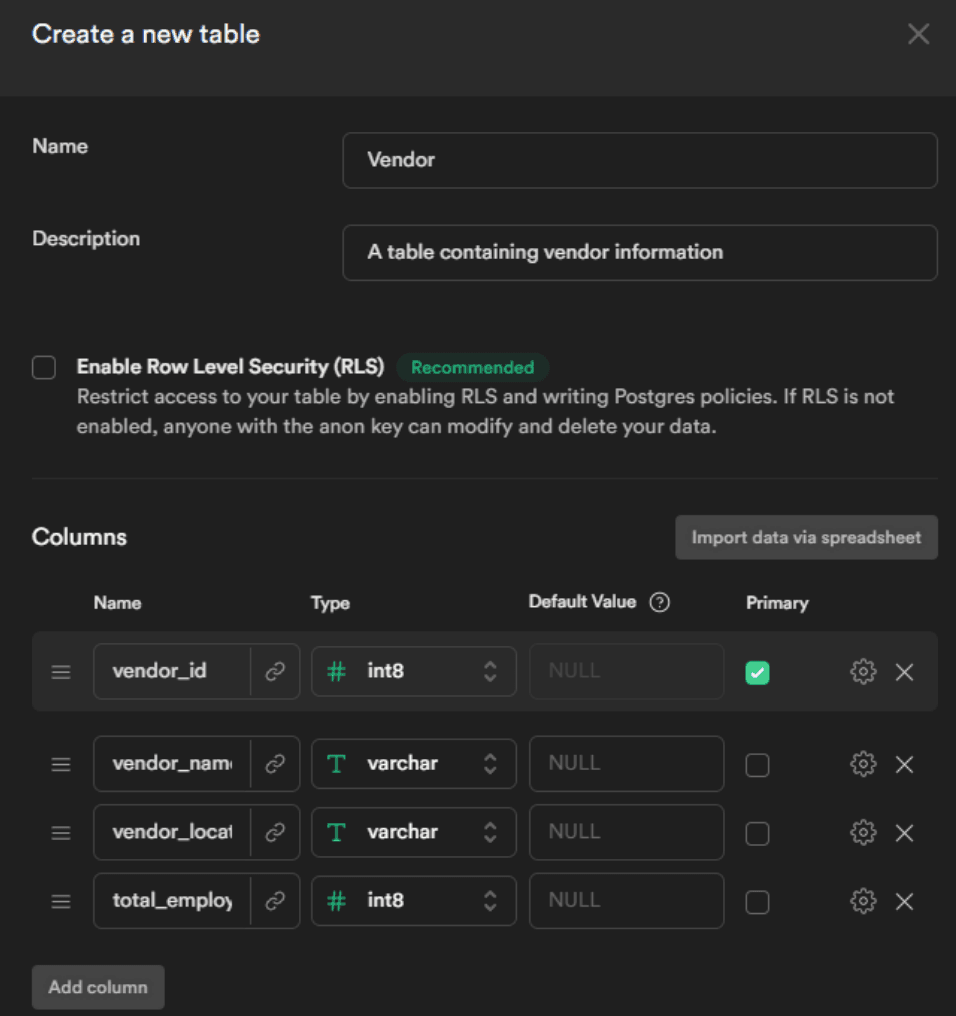 screen shot of supabase dashboard